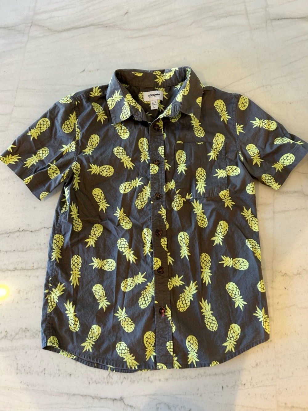 Sonoma Charcoal Short-Sleeve Button-Up with Yellow Pineapple Print